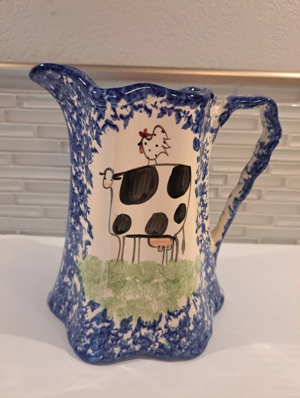 Molly Dallas Pottery Blue Spatterware Folk Art Cow Rooster Pitcher Jug Carafe